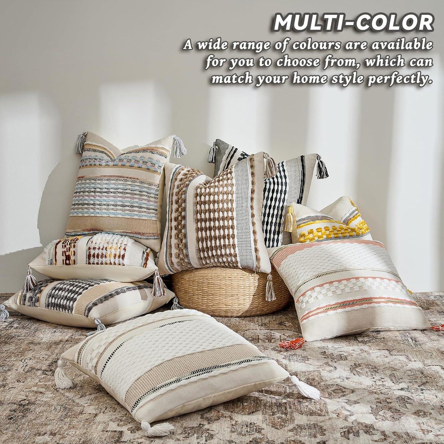 AmHoo Chenille Striped Textured Boho Throw Pillow Covers Aesthetic with Tassels Woven Decorative Pillow Case for Couch Bed Sofa Bedroom Modern Funky 18 x 18-Inch Taos Taupe