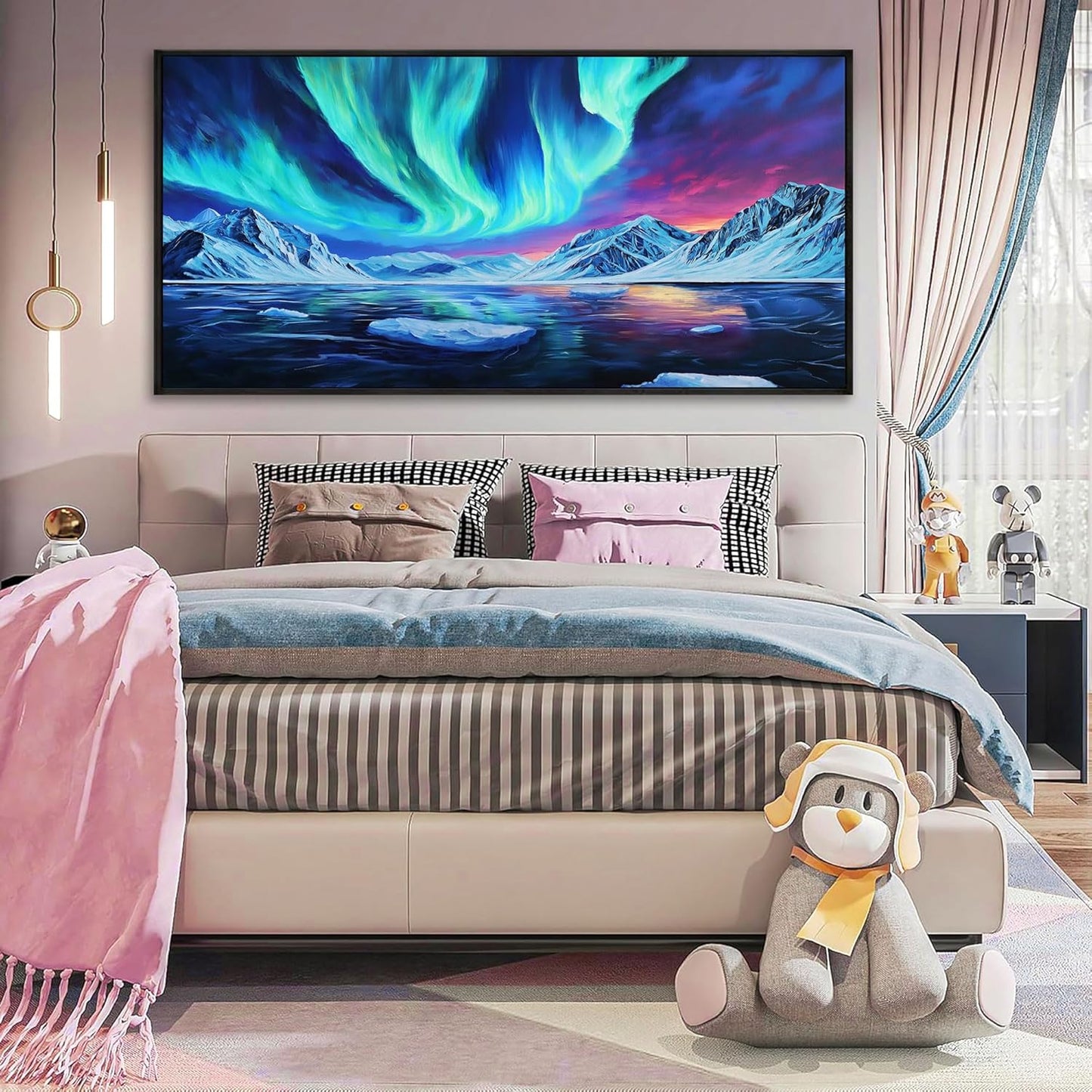 yiijeah Large Living Room Wall Decor - Canvas Wall Art Blue Aurora Scenery Paintings Framed Wall Pictures Artowrk for Walls Bedroom Nature Waterfall Landscape for Office Home Decor