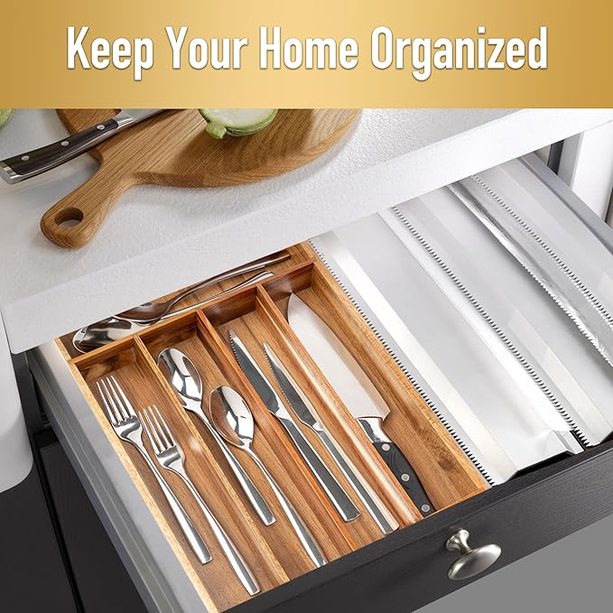 Silverware Organizer Kitchen Drawer Organizer Utensil Organizer Acacia Silverware Holder Cutlery Organizer in Drawer Flatware Organizer Tray(5 slots, Acacia