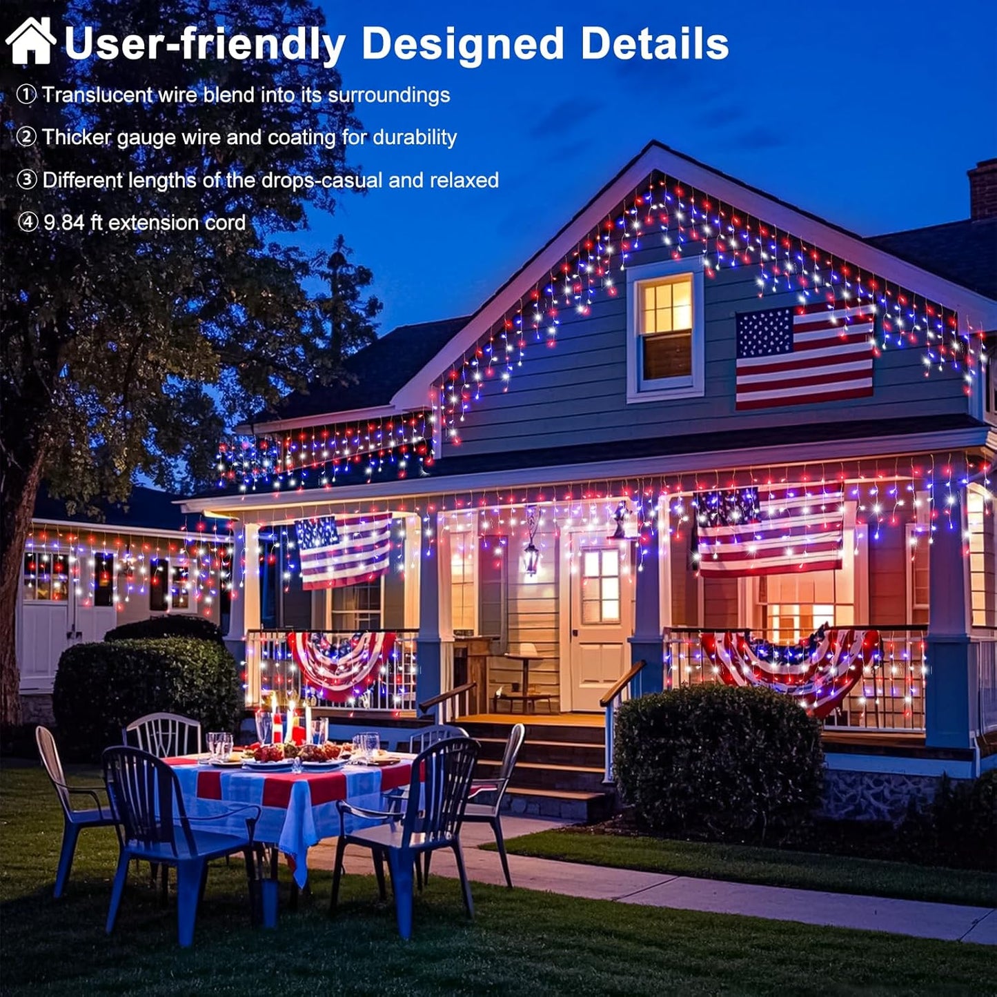 66ft 640LED Red White and Blue Lights for 4th of July Decorations Outdoor Independence Day Decorations Icicle Light for Outside, Clear Wire Connectable Twinkle Light for House Party Holiday Patio Yard