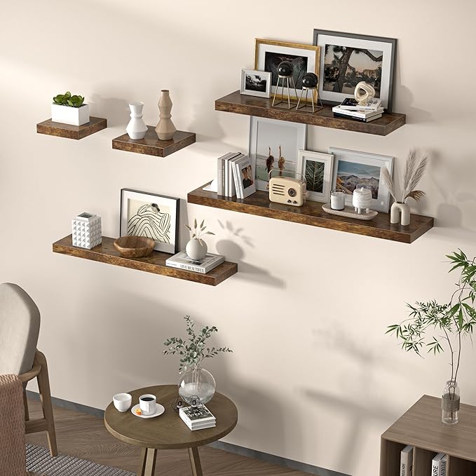 Square Floating Shelves for Wall, 12"W x 12"D x 1.2"H, Small Wooden Wall Mounted Display Shelf with Invisible Brackets for Living Room, Bedroom, Bathroom, Kitchen Decor, Set of 3, Rustic Brown