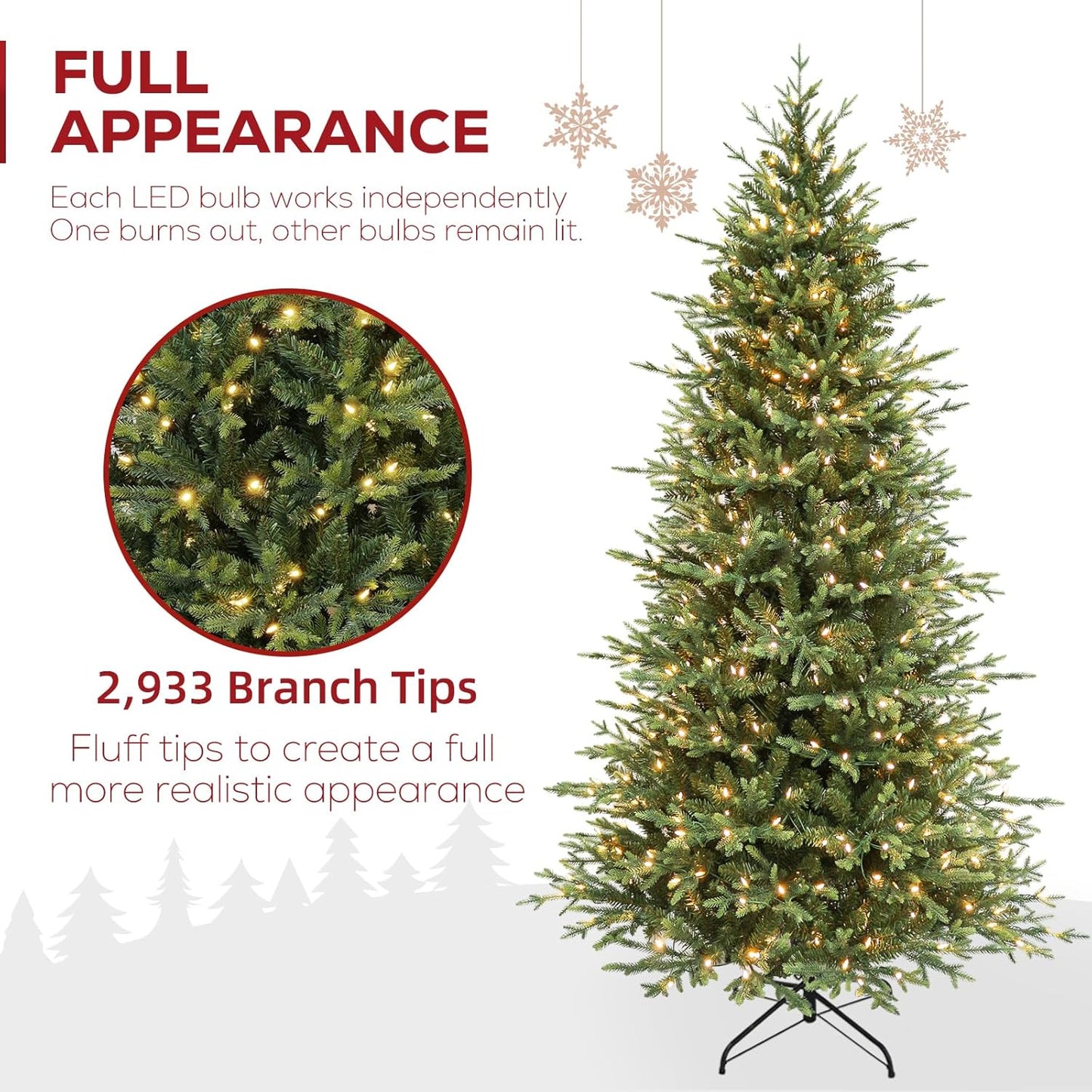 Hykolity 7.5 ft Prelit Artificial Christmas Tree, 2933 PE&PVC Branch Tips, 450 Warm White LED Lights, Metal Stand and Hinged Branches
