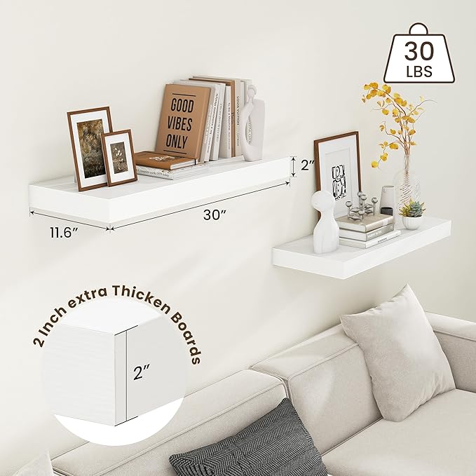 Deep Floating Shelves | 30 Inch Floating Shelves for Wall Set of 2 | 12 Inch Deep White Shelves for Living Room Bathroom Laundry Room Bedroom Kitchen Home Office - White