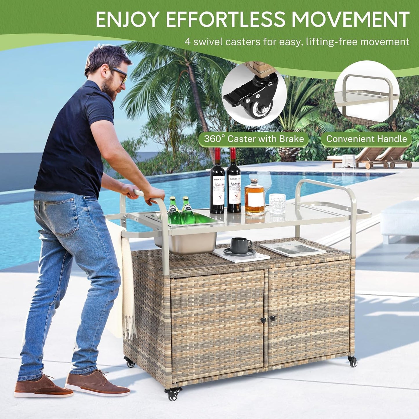 Wicker Outdoor Bar Cart with Ice Bucket, Patio Bar Table with 2 Ratten Doors Cabinet and Casters for Grill, Kitchen and Garden,Beige