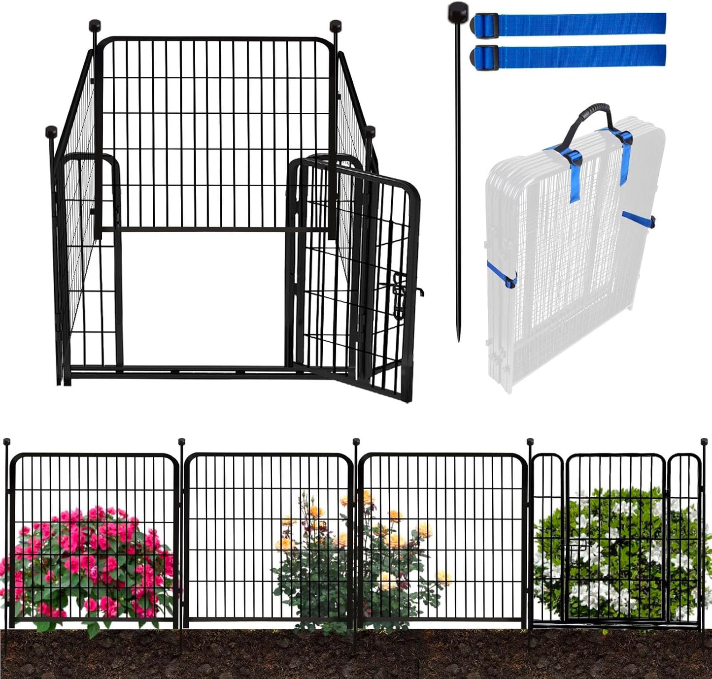 ADAVIN Tall Garden Fence Wide Door Low Threshold, 54 inch High 4 Panels Total 8.8 Ft(L), Black Heavy Duty Metal Outdoor Dog Fence for Yard or Camping, Garden Fencing Animal Barrier