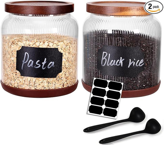 SAIOOL 2-Pack Striped Borosilicate Glass Airtight Canisters - Big mouth Large Capacity, Acacia Wood Lid, Food Storage Jars for Flour, Pasta, Pantry Organization (1/2 Gallon （Striped 2 pack）)