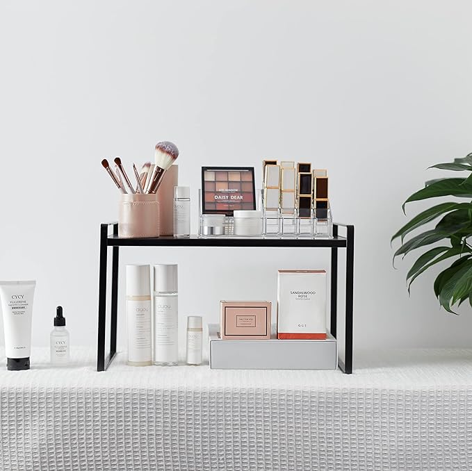 Nxconsu 2Pack Cabinet Shelves Stackable Organizer Rack Riser for Kitchen Cabinet Pantry Cupboard Counter Countertop Home Organization Storage Space Saver Heavy Duty Metal Nonslip Black Tall