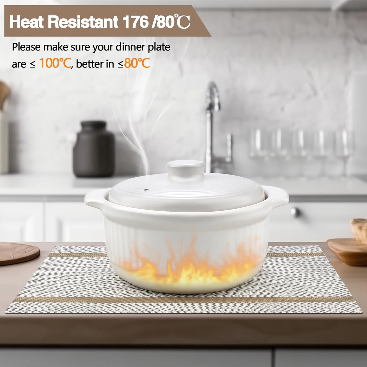 Beige White Placemats Set of 8 - Easy Clean Modern Durable Washable Vinyl Place Mats - Heat Resistant Placemats for Kitchen Table - PVC Table Mats for Dining Table (Beige White with Stripes, 8)