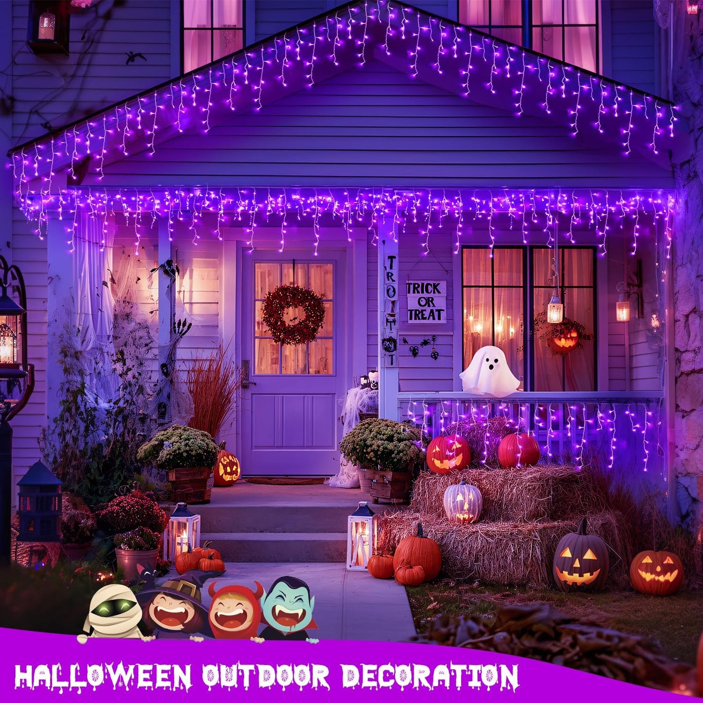 JMEXSUSS Purple Halloween Icicle Lights, 38.8 FT 400 LED Icicle Light Outdoor Waterproof, 8 Modes Purple Halloween Lights with 80 Drops Plug in for House Christmas Party Decorations