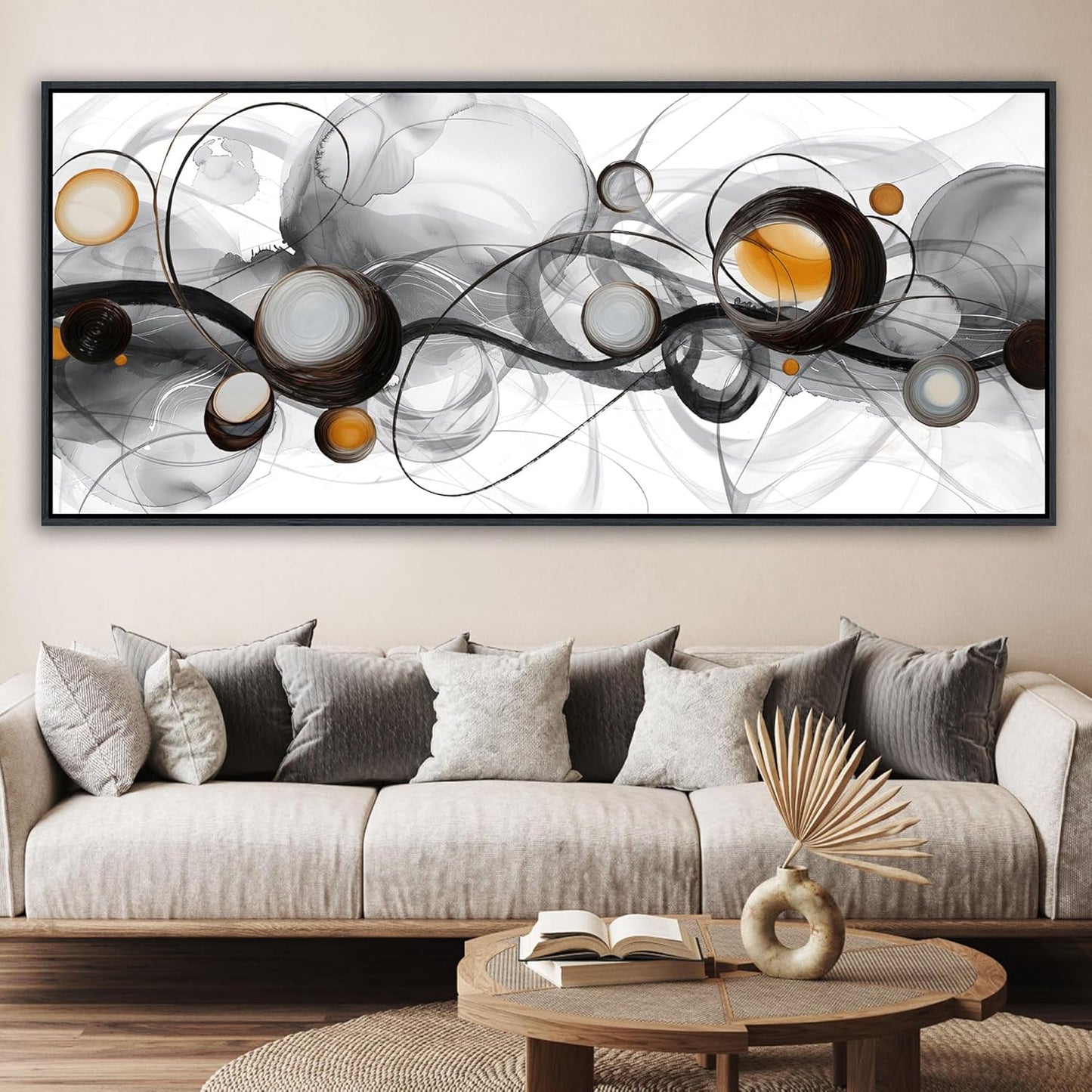 XLSJERST Large Size Frame Wall Art for Living Room - 86x39 Inches Abstract Artwork Minimalist Painting Modern Black and White Canvas Picture Boho Gray Wall Art