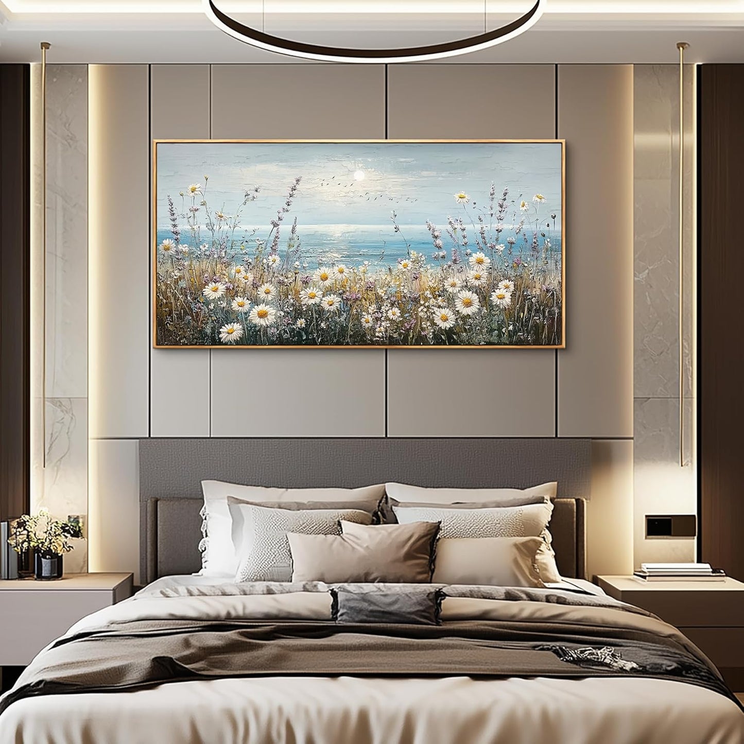 PHAOHUAXM Large Canvas Wall Decoration For Living Room Wall Art For Bedroom Office Decorations Blue Ocean Paintings Flowers Watercolour Wall Pictures Canvas Artworks Home Decor Wood Framed 24x48 In