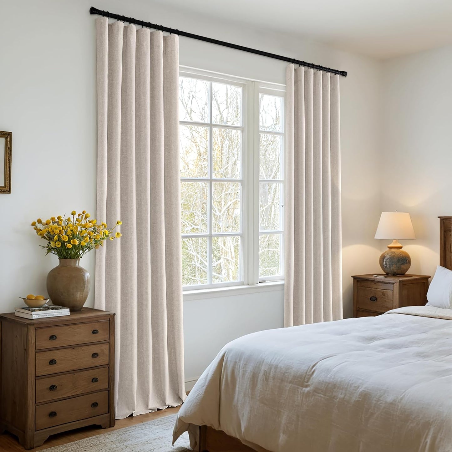 MIULEE 100% Blackout Curtains 108 Inch Long 2 Panels Set for Bedroom, Thick Luxury Faux Linen Black Out Curtain Room Darkening Back Tab Pleat Window Textured Drapes with Hooks for Living Room, Beige