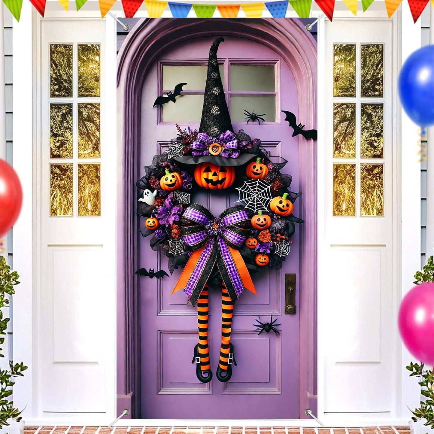 Halloween Witch Wreath Door Cover 71x35 Inch Holiday Front Porch Door Banners Decoration Purple Pumpkin Spider Web Bat Background Hanging Banner for Indoor Outdoor Spooky Party Decor