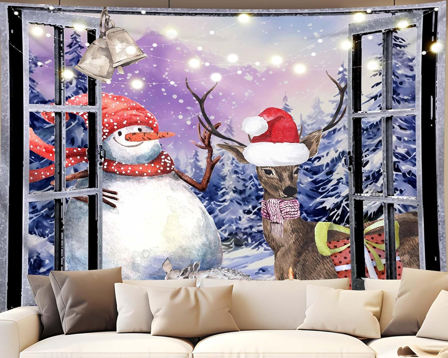 QGHOT Christmas Window Tapestry Wall Hanging Christmas Backdrop Winter Window Wall Decor Xmas Snowman Deer Tapestries for Bedroom Living Room Dorm Holiday Party Decoration