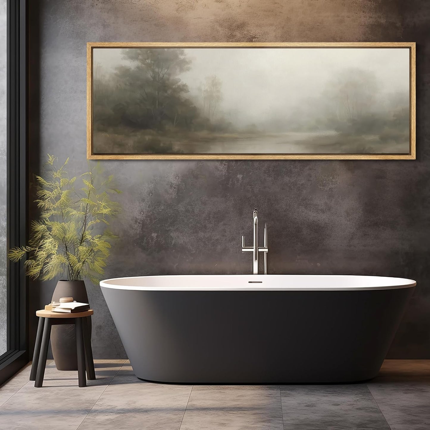 MUDECOR Large Framed Canvas Print Wall Art Misty Forest River Landscape Neutral Tones Nature Illustrations Decorative Colorful for Bedroom - 60"x20"