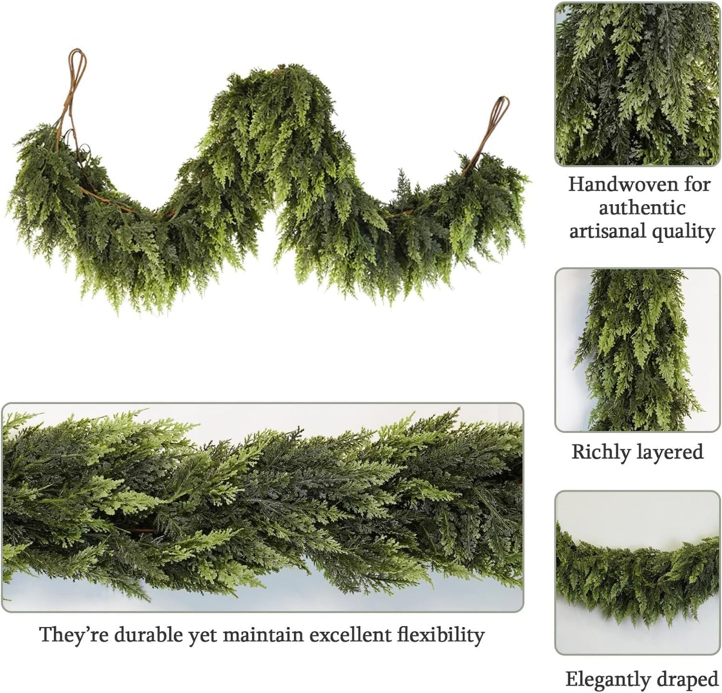 6 Ft Artificial Cedar Garlands – Real Touch Winter Greenery, Realistic Artificial Cedar Tree Christmas Pine Garland Decorations for Table Mantle Wall Indoor Fireplace Holiday Party (9ft, 1)