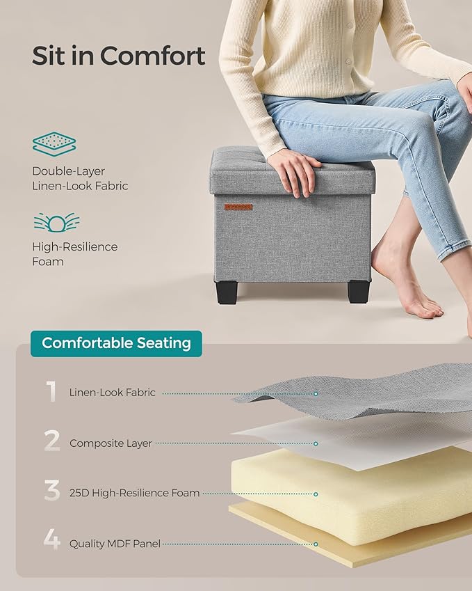 SONGMICS Storage Ottoman, Small Ottoman Foot Rest with Legs, 12.6 x 15.8 x 13.2 Inches Foot Stool, Load up to 660 lb, for Living Room, Bedroom, Dorm, Dove Gray ULSF012G02