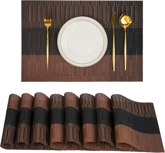 Placemats Set of 8，Non-Slip PVC Weave Table Mats Easy to Clean，Heat Resistant Place Mats for Kitchen Dining Table Decoration Indoor Outdoor，Black Brown