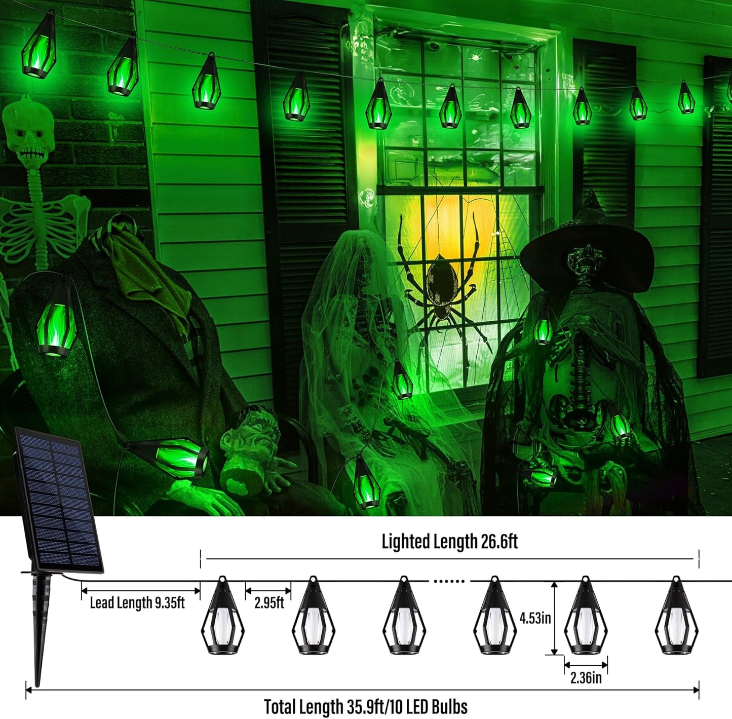 iBaycon Solar Halloween Lights, 27Ft 10 LED Bulbs Flickering Flame String Light, Outdoor Waterproof Solar Flame Lights for Garden Yard Patio Halloween Decorations (Green)