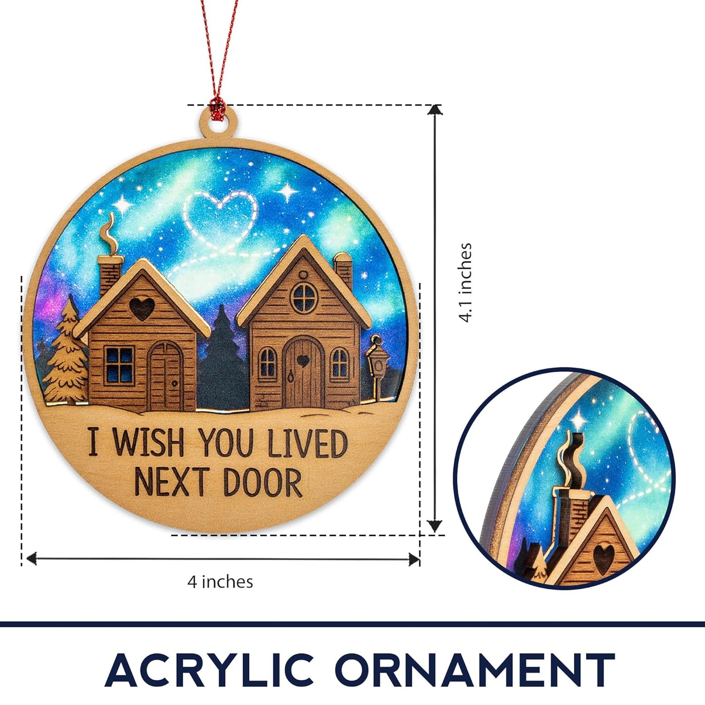 Neighbor Ornament – I Wish You Lived Next Door | Long Distance Friendship Gift – Across The Miles – Rustic Cabin Card – Christmas Holiday Décor – Suncatcher Effect Stained Glass Window – Car Hanging