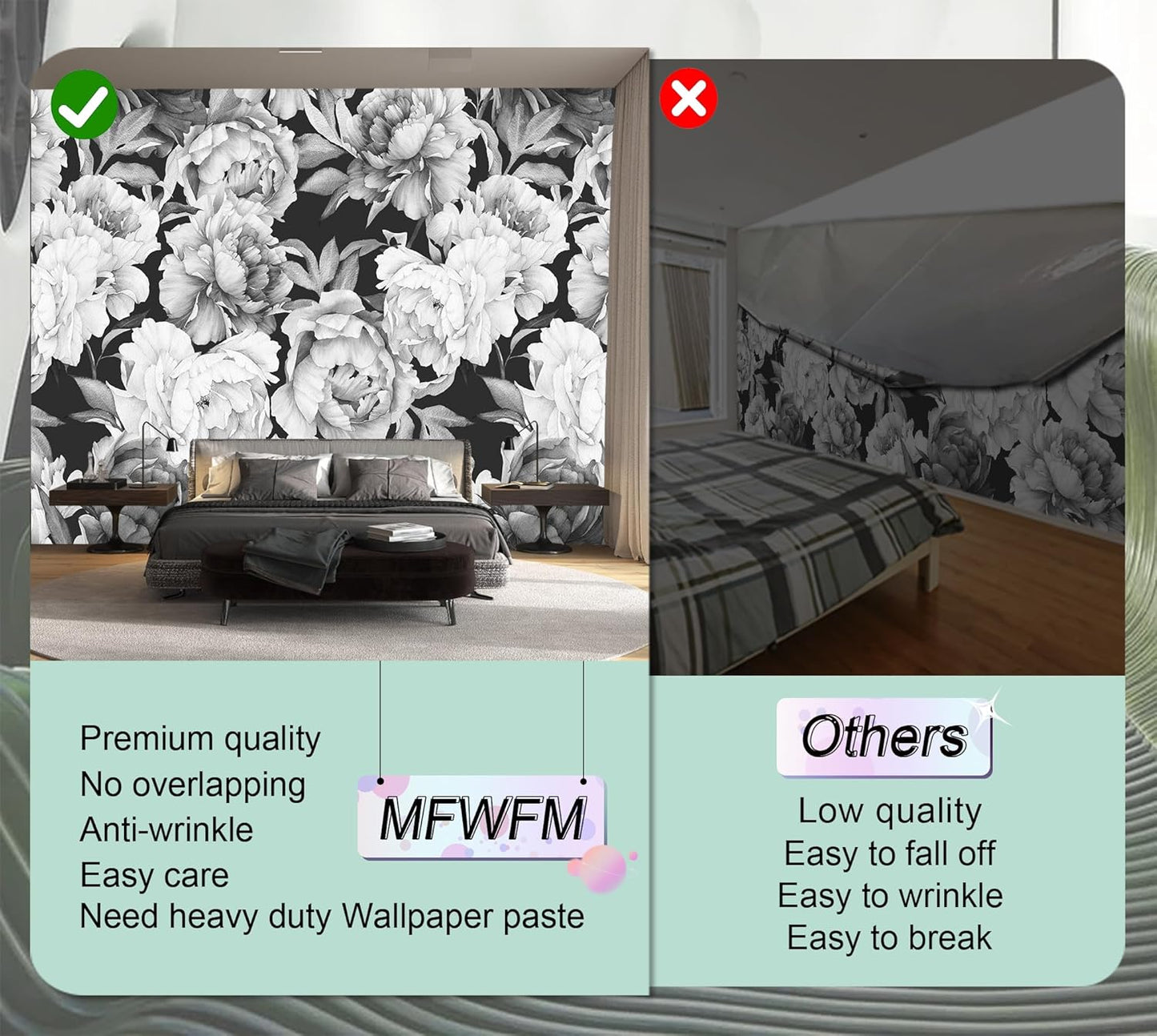 Black and White Peonies Wallpaper Watercolor Floral Mural Wallpaper for Bedroom Living Room (Not Peel n' Stick)