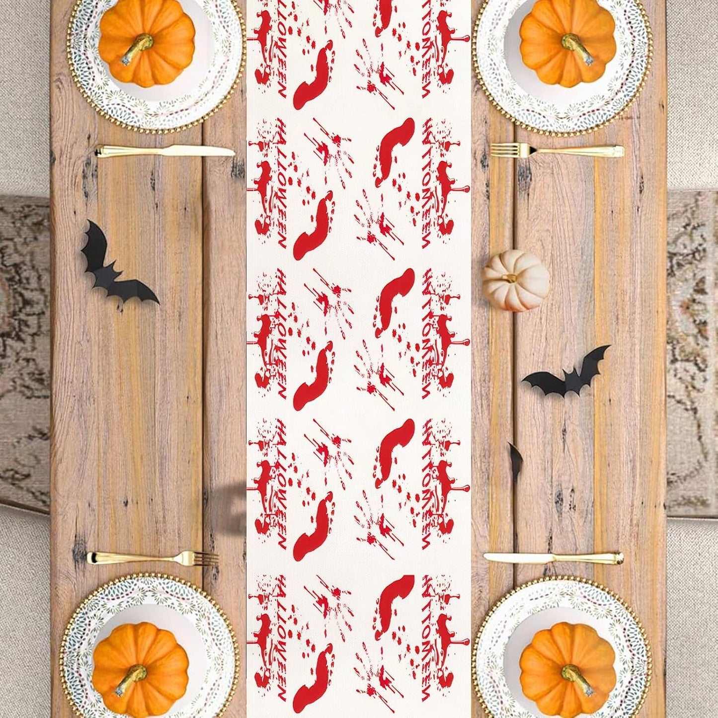 Halloween Table Runner 13 x 36 Inch, Linen Table Runner, Kitchen Dining Table Decorations, Halloween Table Decorations, Terrifying Red Blood Footprints Table Runner for Home Room Party Decor