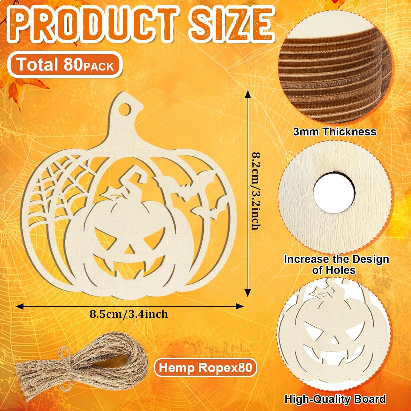 80PCS Wooden Halloween Decoration Pumpkins Ornaments to Paint Happy Halloween Cutouts Unfinished, DIY Blank Unfinished Ghost Spider Web Black Cat Trick or Treat Boo Ornament for Home Crafts Hanging