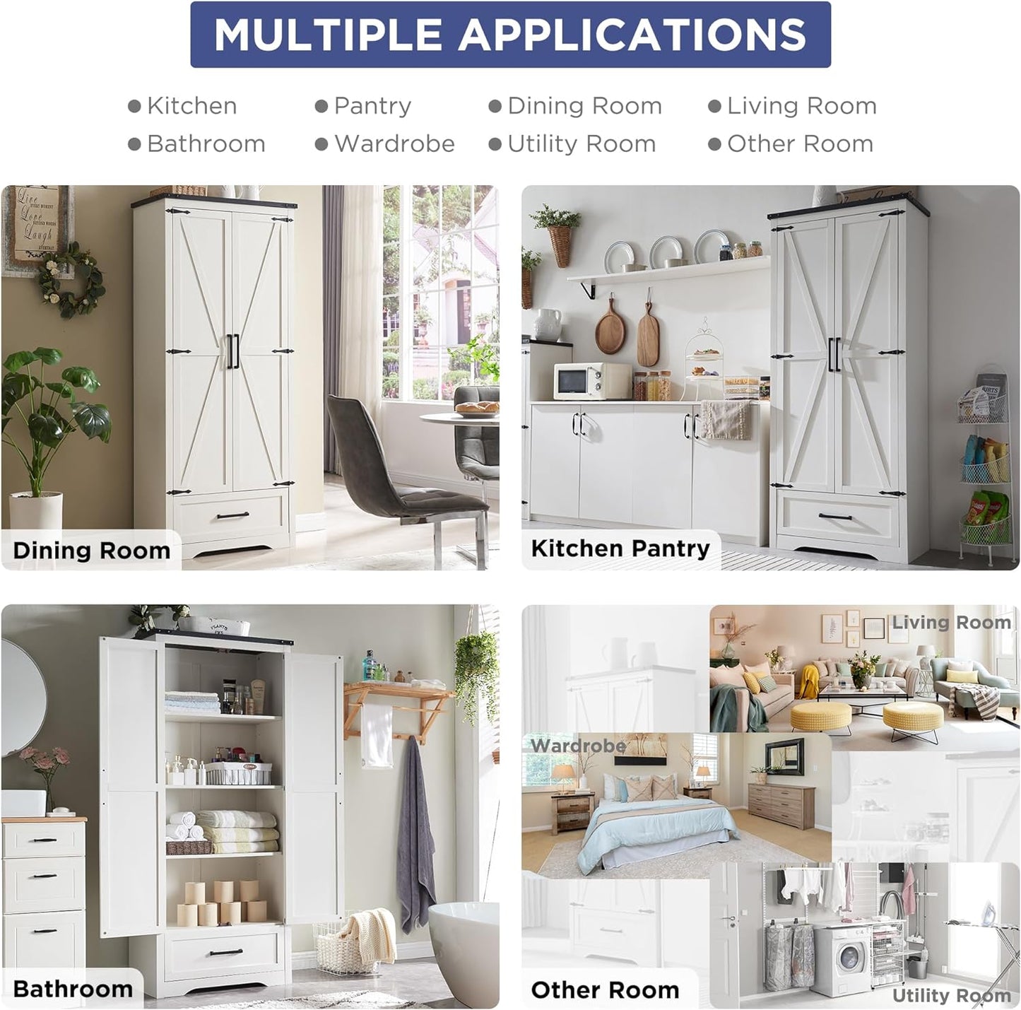 JXQTLINGMU Farmhouse Kitchen Pantry Cabinet - 72" Tall Wood Kitchen Storage Cabinets with Adjustable Shelves & 2 Barn Style Doors & Drawer, Versatile Storage for Dining Room, Bathroom, Antique White