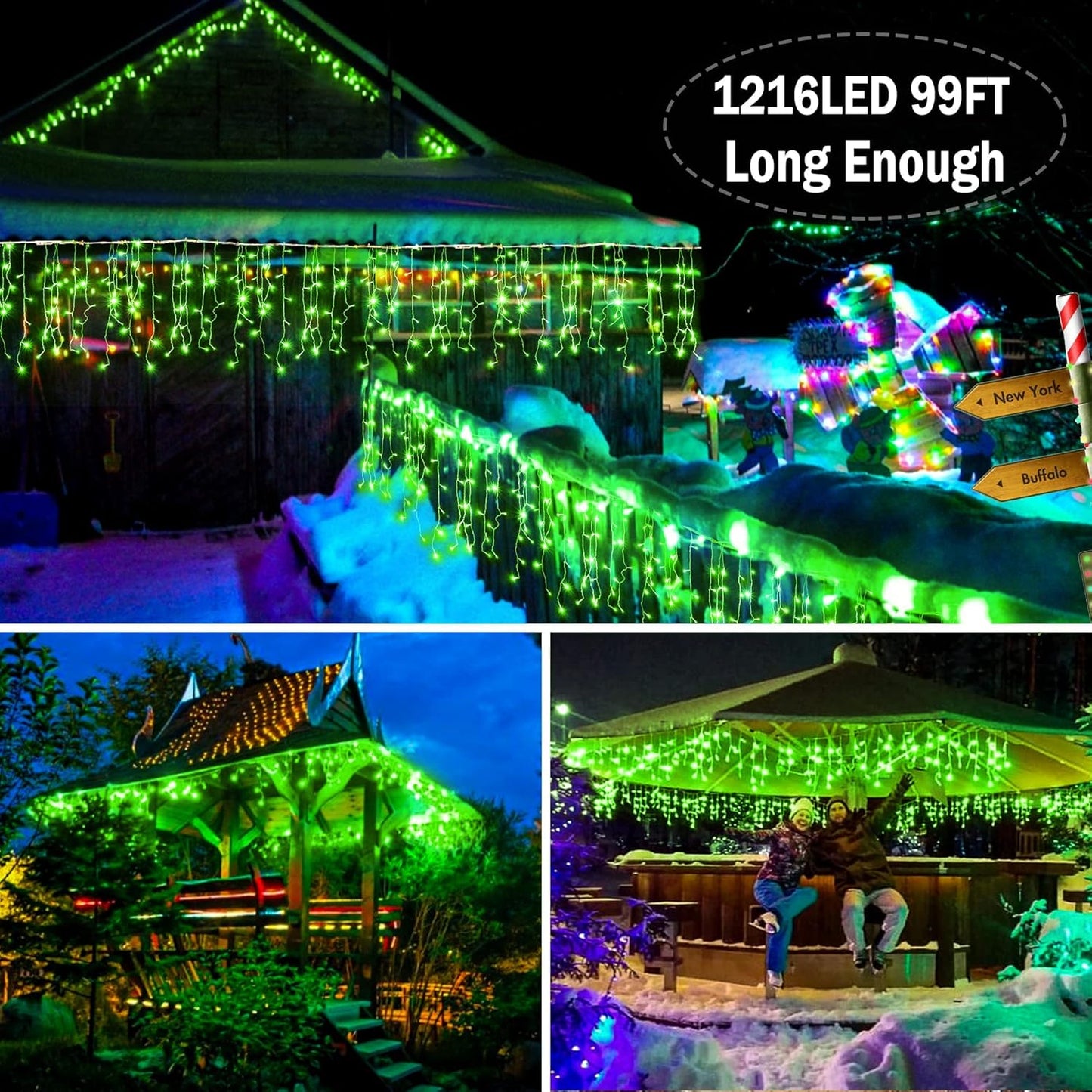 KNONEW 99ft 1216 LED Christmas Lights Outdoor Decorations with 228 Drops, 8 Modes Curtain Fairy Light, Clear Wire LED String Light Decor for Wedding Party Christmas (Green)