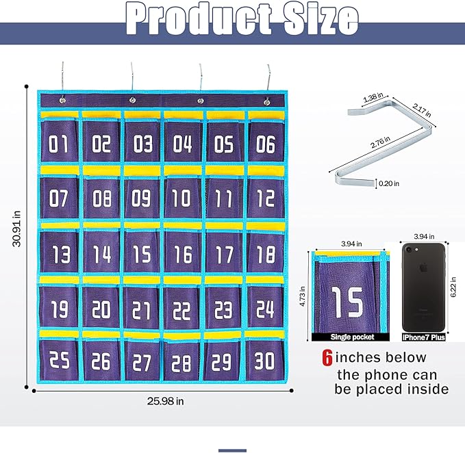 Loghot Classroom Accessories Closet Pocket Chart for Cell Phones Holder Wall Door Hanging Organizer (30 Pockets Blue)