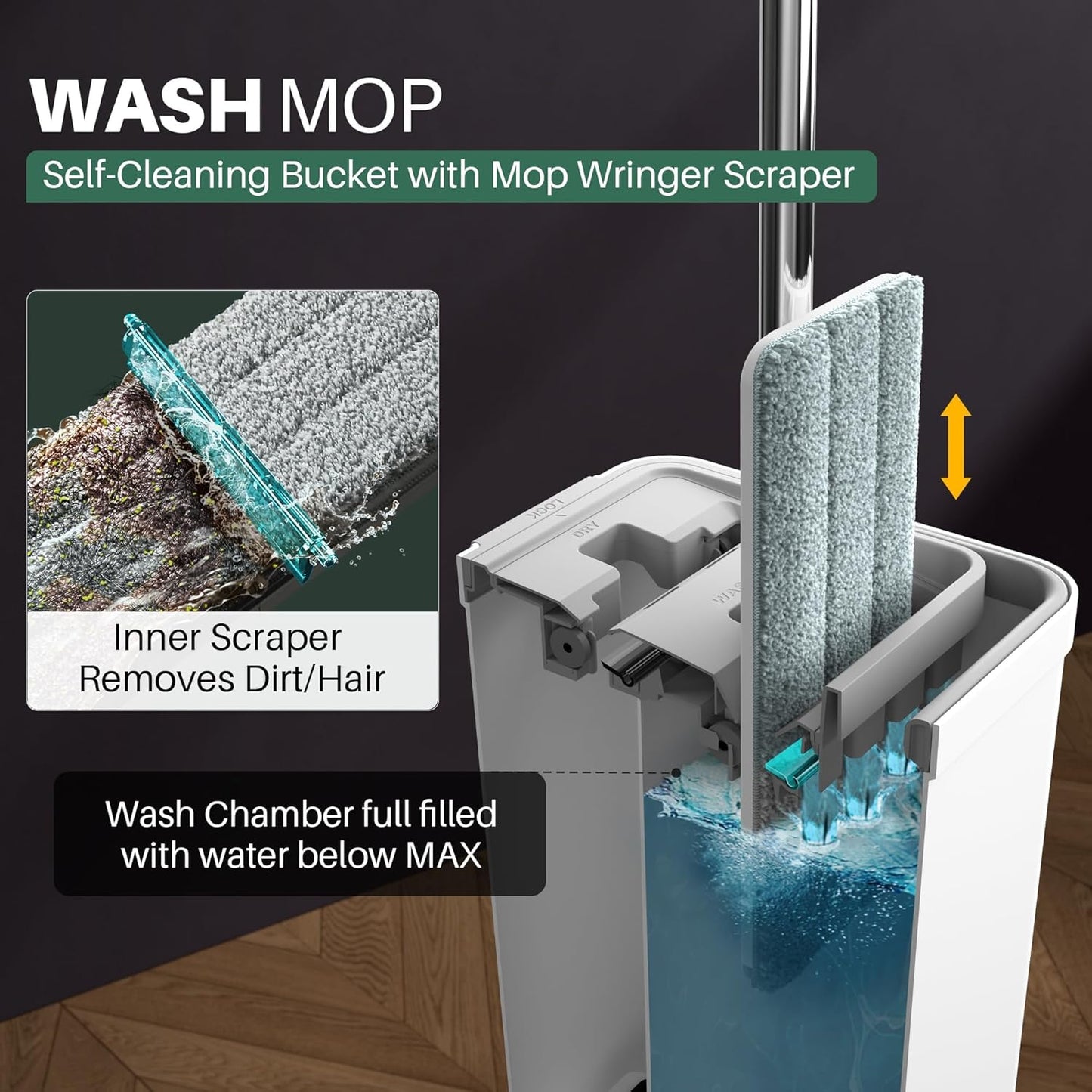 JOYMOOP Mop and Bucket Set with Wringer, Dust Mops for Floor Cleaning, Wall Cleaner with Long Handle,Wet and Dry Use - 8 Microfiber Mop Pads