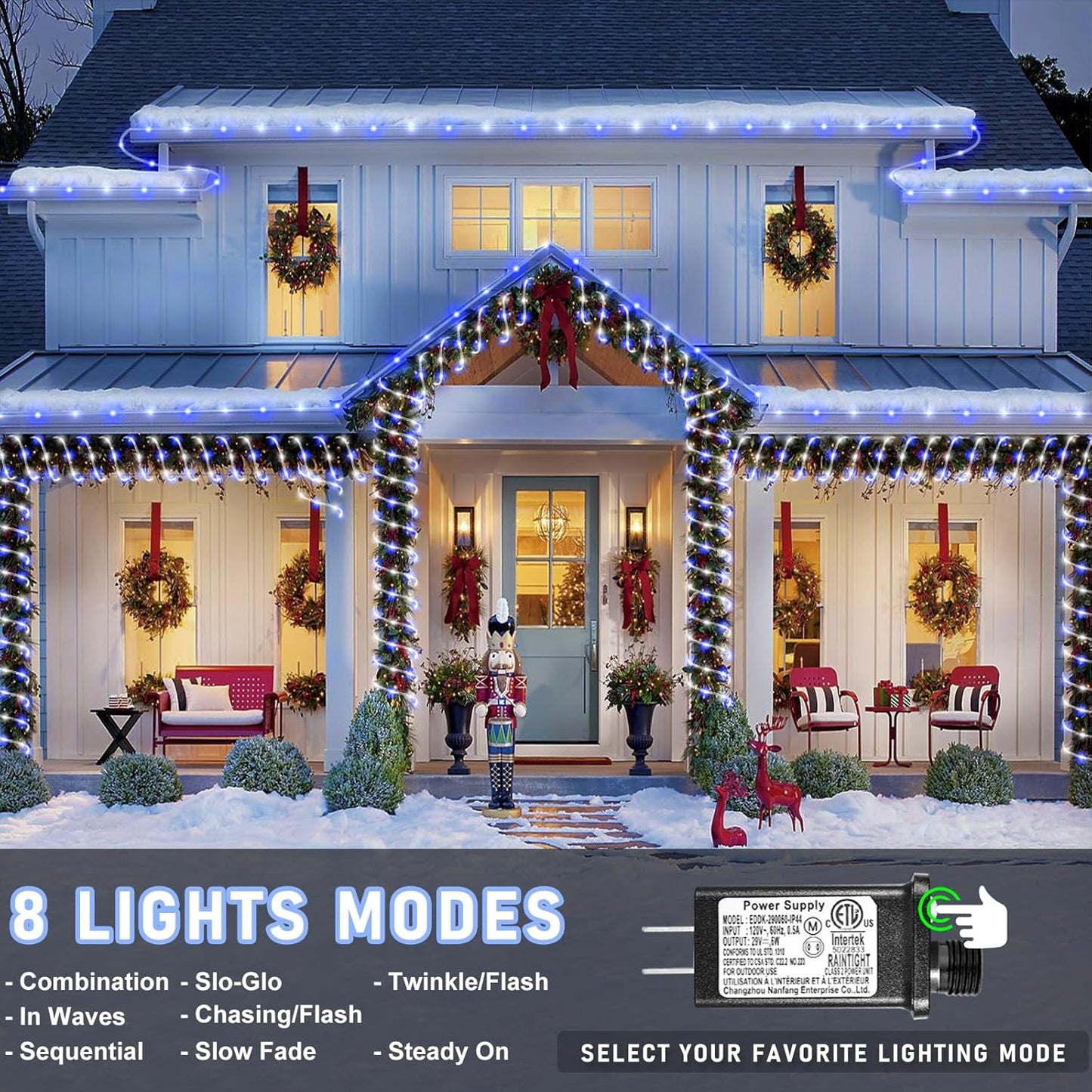 Rope Lights for Outside, 66FT 200 LED Christmas Lights Outdoor with Waterproof 8 Modes, Connectable Tube String Light for Indoor Bedroom, Garden, Backyard, Patio, Pool Decorations - Blue White