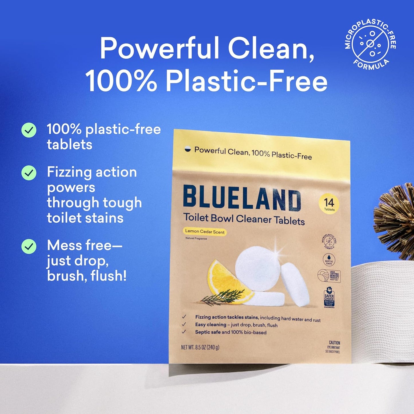 BLUELAND Toilet Bowl Cleaner Tablets, 2-Pack, 28 Count, Lemon Cedar, Plastic-Free, No Harsh Chemicals, Plant-Based