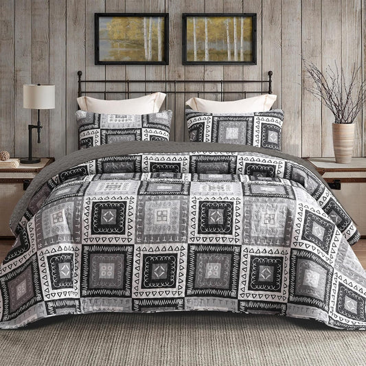 Exclusivo Mezcla Reversible Boho Quilt Set King Size, 3 Pieces Patchwork Black All Season Bedspreads, Ultra Soft Floral Coverlet Bedding Set with Printed Pattern (1 Quilt, 2 Pillow Shams)