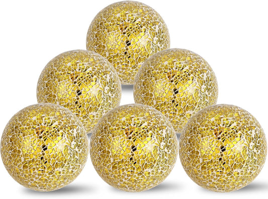 6Pcs Decorative Ball for Bowls, 8cm/3.15inch Mosaic Glass Centerpiece Decoration Balls Mirror Glass Ball Fillers for Home Decor Dining Tables Wedding Party (Golden)