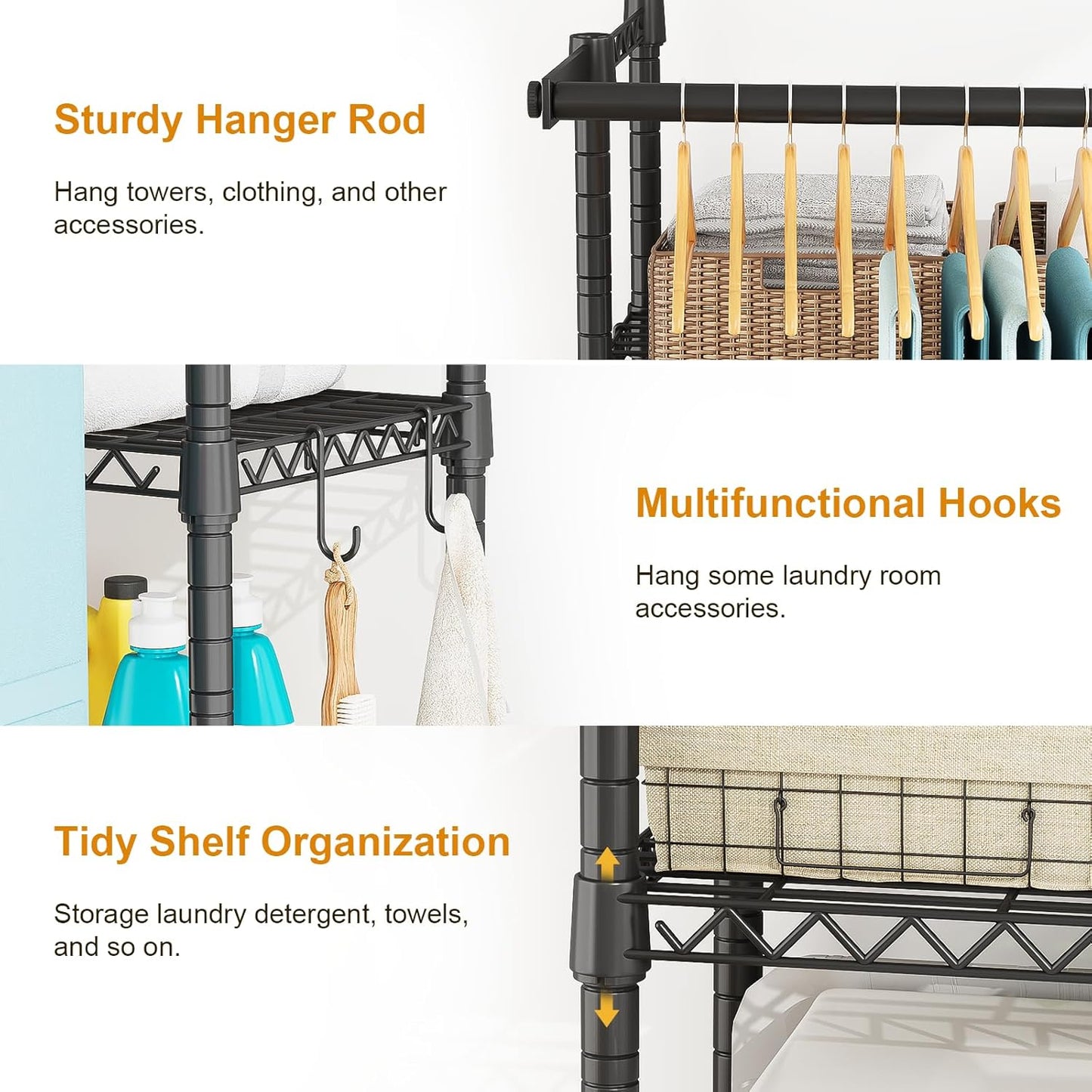 U14 Over Washer and Dryer Storage Shelves, 4 Tiers Laundry Room Storage and Organizer System, Space Saving Clothes Drying Rack with 2 Clothes Hanger Rods, 66.5" W x 20.5" D x 77.4" H, Black