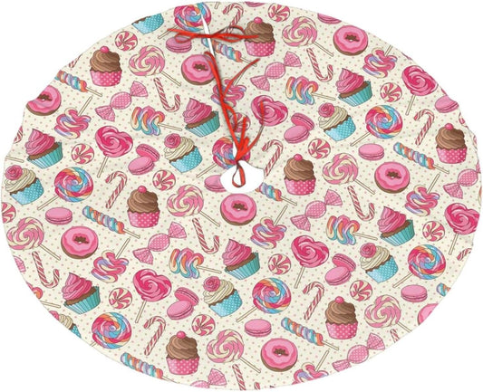 Christmas Tree Skirt,Sweet Lollipop Candy Macaroon Cupcake Donut Xmas Tree Skirt Rustic Farmhouse Tree Skirt for Christmas Decor Xmas Holiday Home Party Decorations48