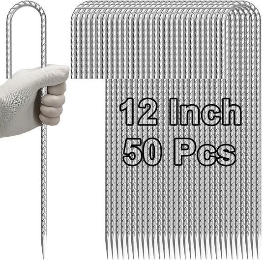 VVOKGO Rebar-Stakes-12-Inch J Hook Galvanized Tent Stakes Heavy Duty, 50-Pack Ground Chain Link Fence Anchors with Chisel Point End for Gazebo, Camping Tents, Outdoor Inflatables Decorations