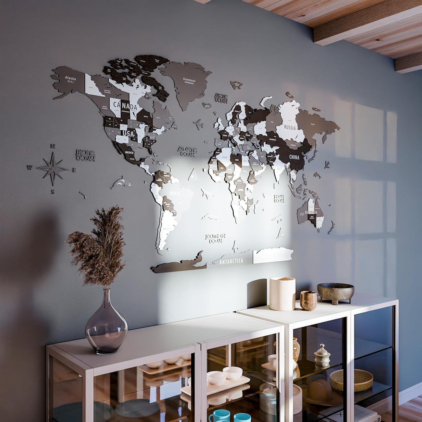 Colorfull Worlds 3D Wooden World Map Wall Art | Unique Wall Decor with Pins for Travel Enthusiasts | Home and Office Wall Décor | Grey | XLarge