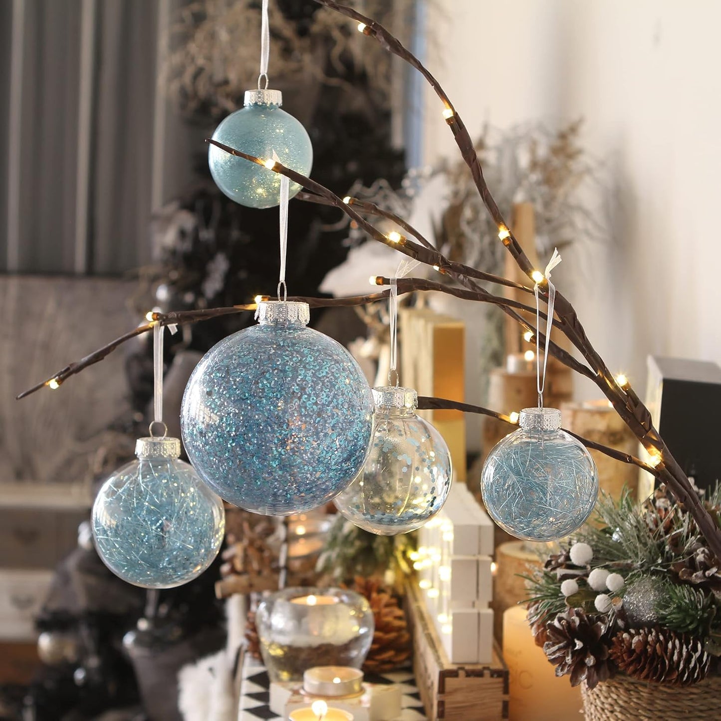 Sea Team Pack of 48 Shatterproof Clear Plastic Christmas Baubles Multi-Size Decorative Christmas Baubles with Stuffed Delicate Decorations (Babyblue)