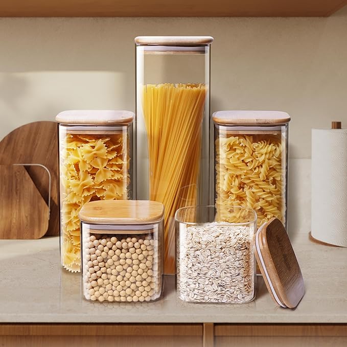 Square Glass Jars with Bamboo Lids 79 FL OZ [Set of 3], Glass Canisters with Airtight Lid, Glass Food Storage Containers for Spaghetti, Fettuccine, Linguine,Pasta, Best for Kitchen & Pantry