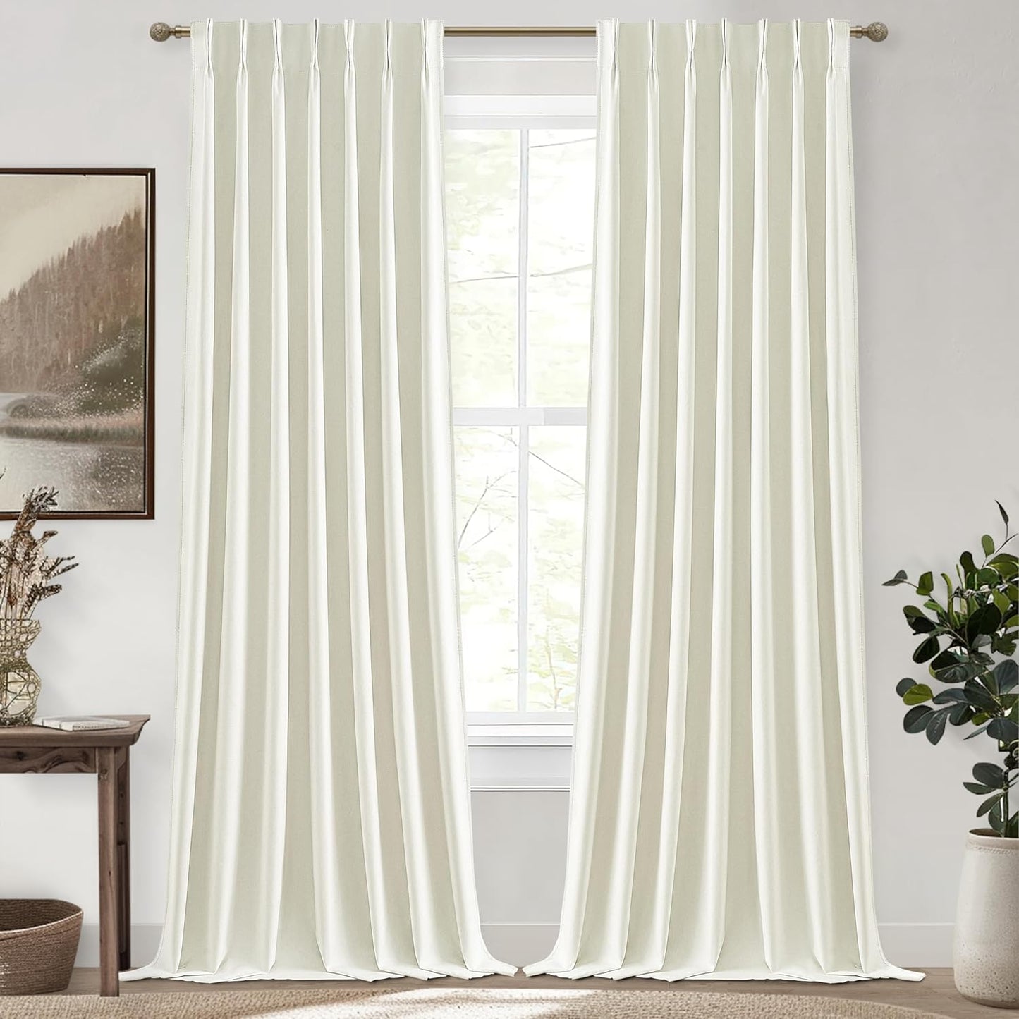 Cream White Blackout Drapes 96 Inches Long 2 Panels, Linen Room Darkening Fabric Thick for Bedroom Viral Pinch Pleated Window Curtains 96 Inches Long with Hooks Sound Deadening Insulated Thermal Cute