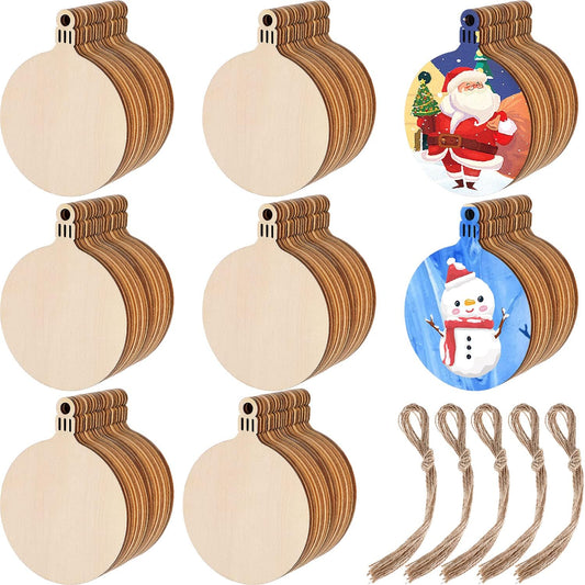 Blulu 100 Pieces Christmas Wooden Ornaments Star Round Wood Slices Wood Snowflake Angel Shape Christmas Tree Hanging Embellishments with 100 Pieces Cords (Style 3)
