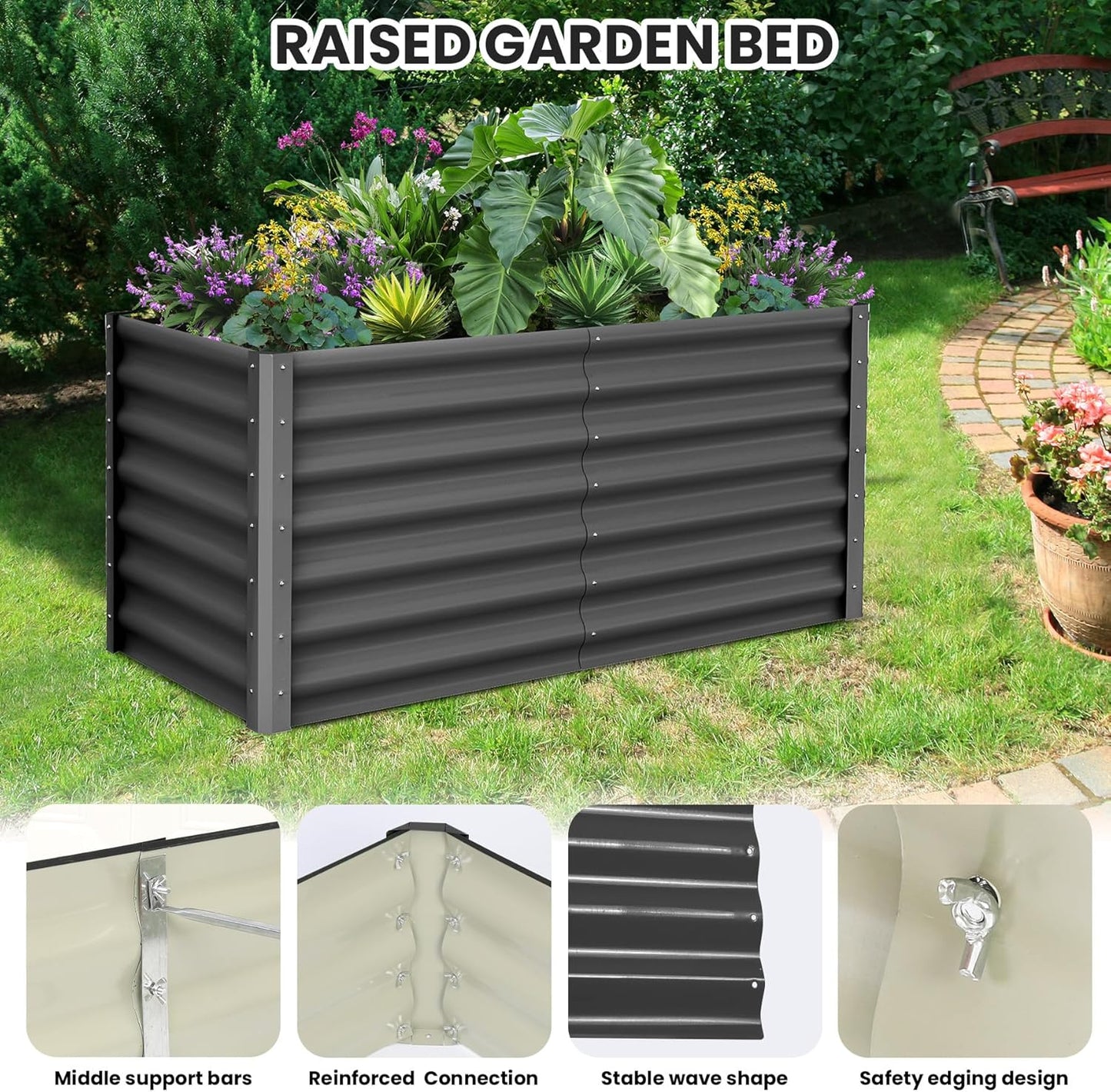 Galvanized Raised Garden Bed Outdoor, 2 Pcs 6x3x2FT Outdoor Large Planter Raised Beds Open Base with Safety Edge and Glove for Vegetables Flowers Ground Planter, Dark Gray