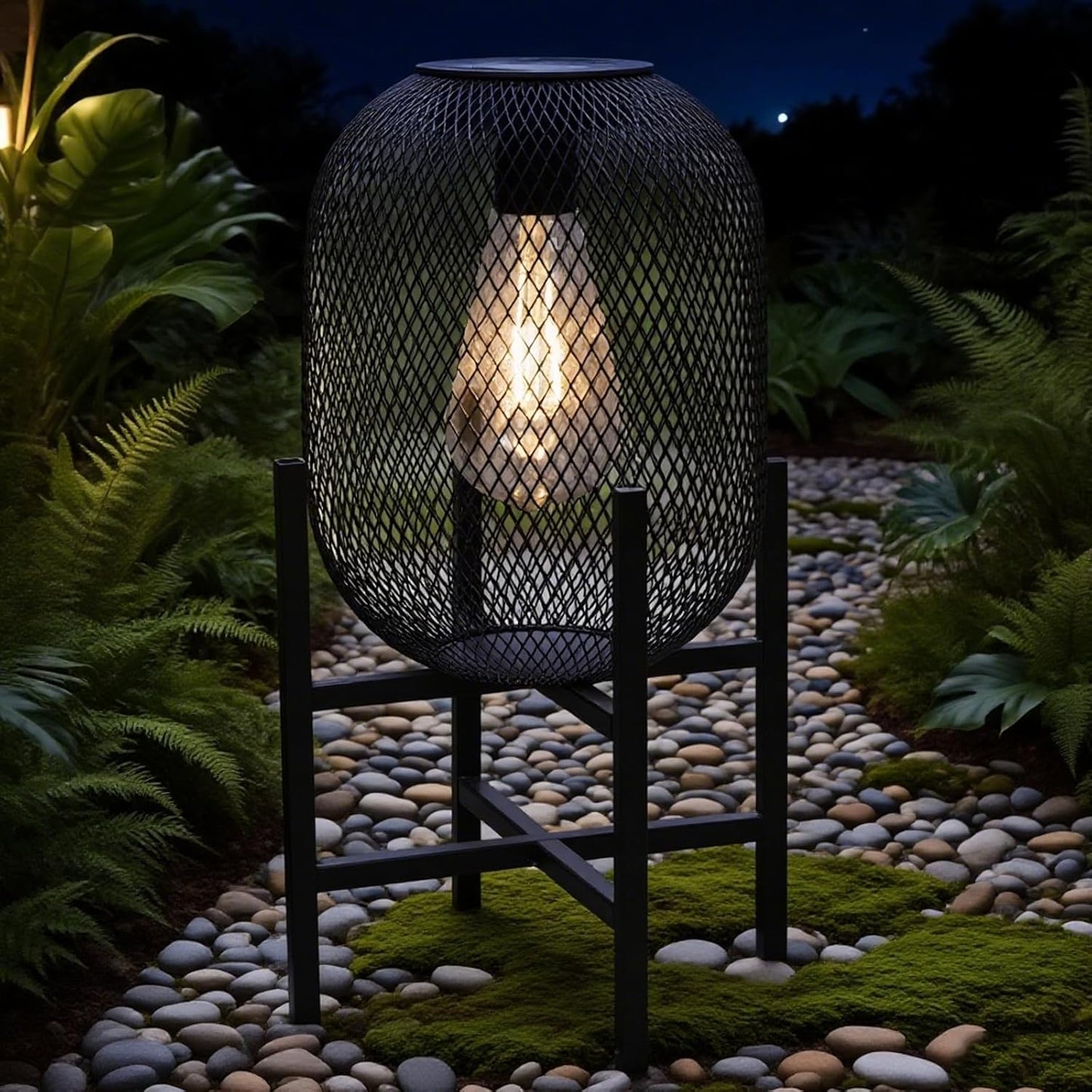 Solar Mesh Lantern Outdoor – 13.8" Tall Black Metal Patio Light with Edison Glass Bulb, Solar Powered Warm Glow LED, Waterproof IP65 for Garden, Porch, Deck, Tabletop Decor