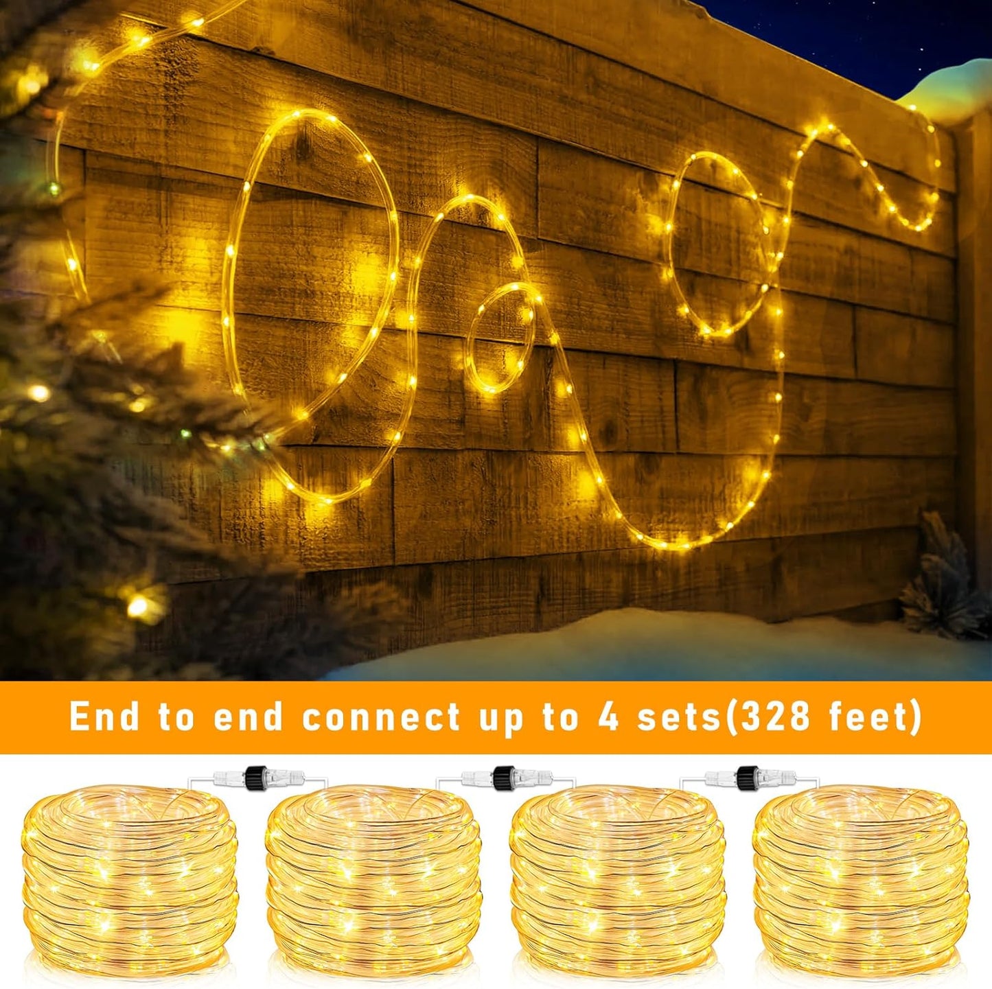 100FT 300 LED Rope Lights Outdoor, Connectable and Flexible Tube Lights with 8 Modes, Waterproof Rope Lighting Indoor for Deck, Garden, Fence, Backyard, Pool, Patio, Tree Decorations - Warm White