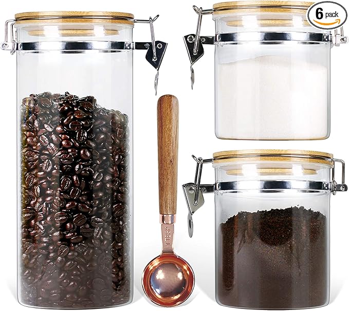 Urban Green Borosilicate Glass Storage Jars with Airtight Locking Clamp Lids, Airtight Canister Set，Coffee Set of 3 with Spoon (50oz, 24oz, 18oz), Storage Containers with Bamboo Lid