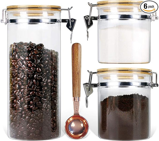 Urban Green Borosilicate Glass Storage Jars with Airtight Locking Clamp Lids, Airtight Canister Set，Coffee Set of 3 with Spoon (50oz, 24oz, 18oz), Storage Containers with Bamboo Lid