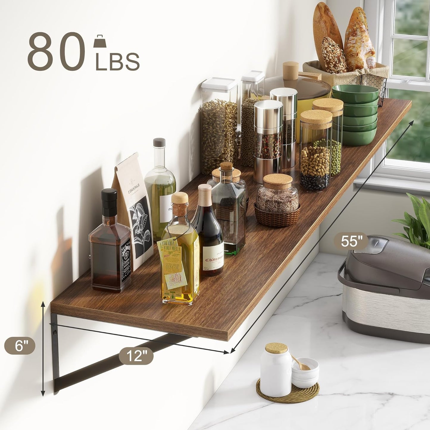 Fun Memories Deep Floating Shelves, 55W x 12D Floating Shelves for Wall, Wood Floating Shelf with Bracket, Wide Display & Storage Wall Shelves for Living Room, Bedroom, Walnut