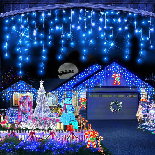 Christmas Lights Outdoor, 1280 LED 131FT Ice Lights for Outside, Clear Wire 8 Modes Plug in 240 Drops Ice String Lights with Timer Memory Function Hanging Light for Christmas Decor(Blue)
